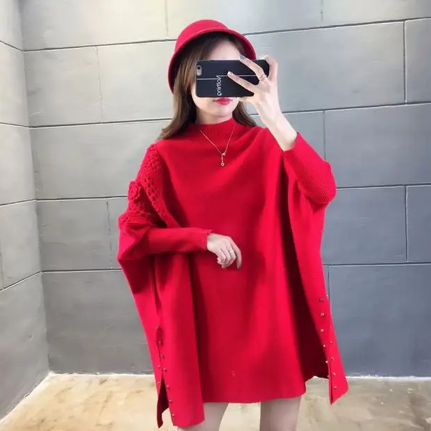 Mid length Bat Shirt Half High Neck Sweater Knitted sweater Autumn/Winter New Loose Oversized Cape Coat