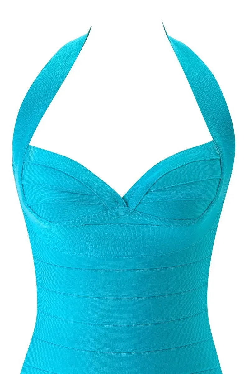 Sexy Neckholder V-Ausschnitt Mini Bandage-Kleid Bodycon Ärmelloses Club-Party-Kurzkleid – Detail 11