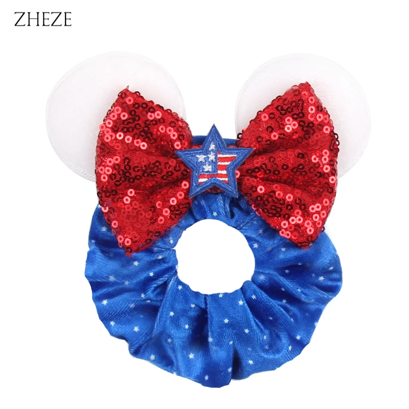 

Independence Day Mouse Ears Velvet Hair Scrunchies Girls Rope Ponytail Holder 4th July Sequin Headband Festival Elastic Hairband