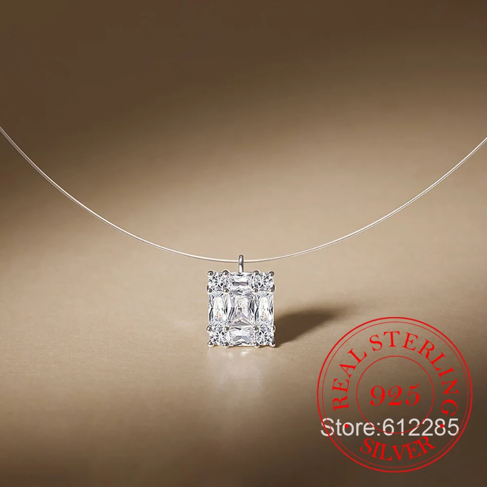 

925 Sterling Silver Jewelry Square Geometric Zircon Crystal Pendant Necklace For Women Choker Chain Wedding Party Jewelry Gift