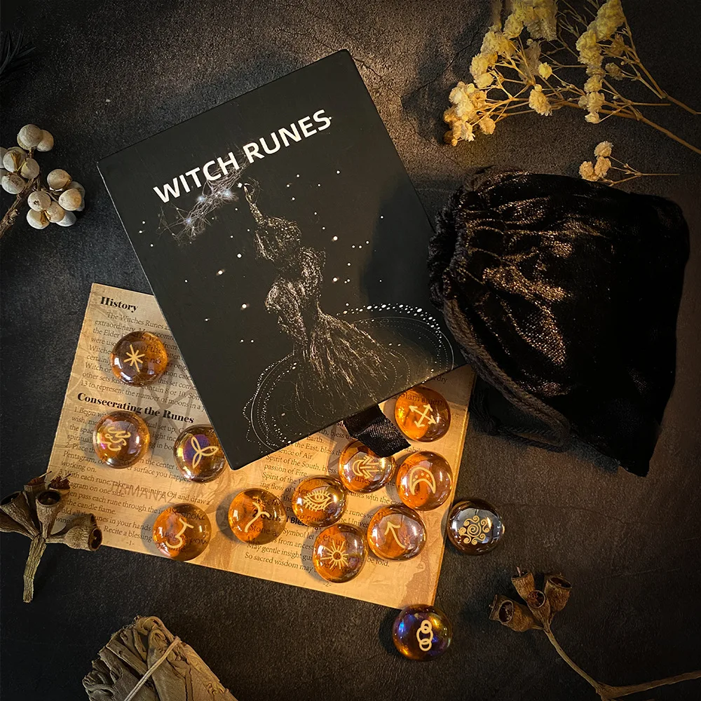 13 Pieces Witch Runes Set Glass Engraved Rune Stones Witchcraft Supplies, Wiccan Altar Decor, Spiritual Healing - view 2