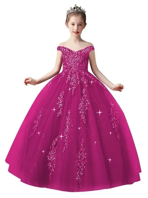 Purple Flower Girl Dresses For Weddings Lace Applique Tulle Off Shoulder Princess Ball Gown Kids Birthday Party Communion Gowns