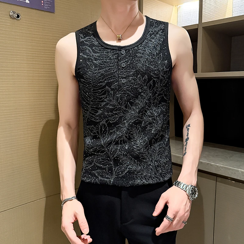 Sexy Sequin Sleeveless Men's T-shirts Tank Tops Vintage Punk Pattern Slim Fit Man Vest Top Summer Stage Dance Casual T Shirt