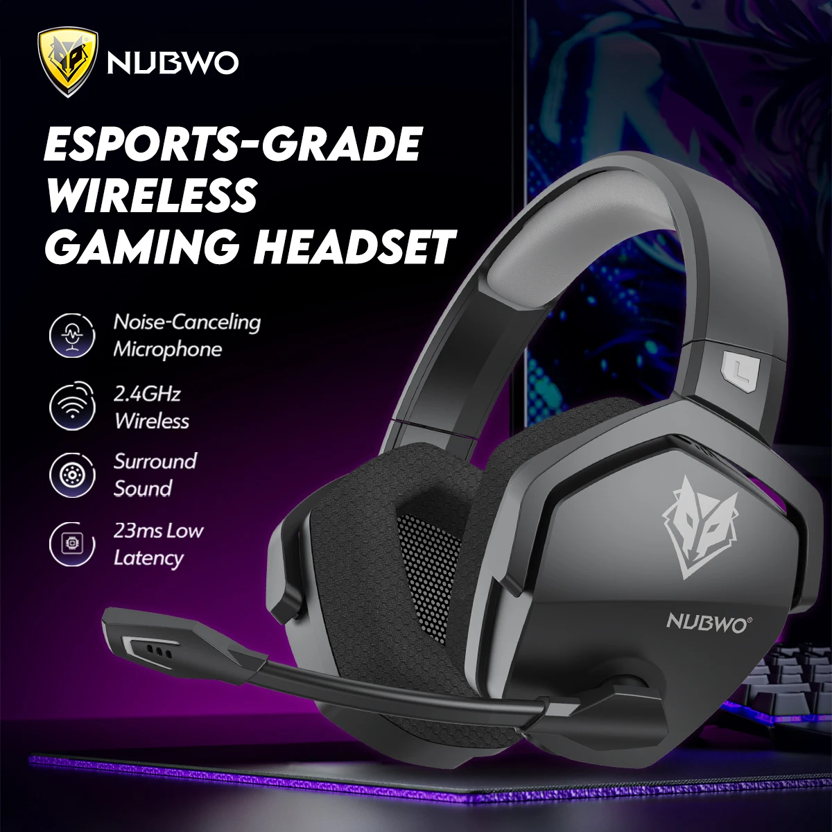 NUBWO G06 Wireless Headsets Gamer 2.4GHz Bluetooth 5.3 Gaming Headphones with Dual Microphone for PS5, PS4, PC, Mobile, Switch