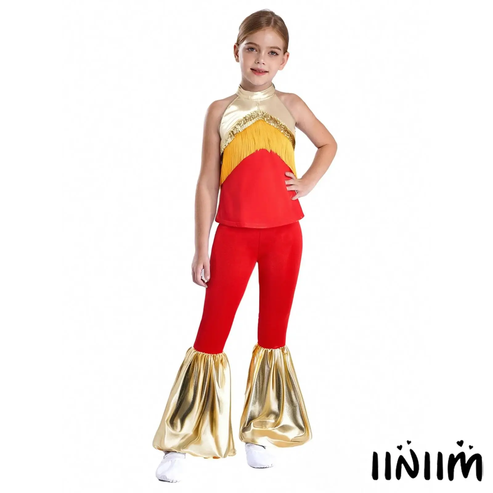 

Girls Jazz Disco Outfits Sleeveless Tassel Sequins Metallic Crop Top With Bell-Bottomed Pants for Halloween Theme Party Cosplay