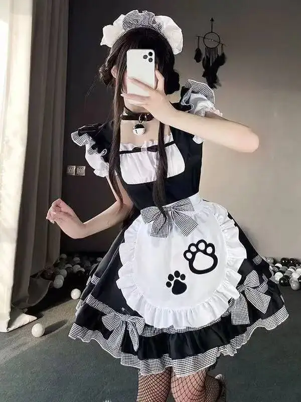 Maid Cute Girl Lolita Dress Lolita Cosplay Cat Ear Maid Pure Desire Bowknot Short Sleeves Apron Dress Bear Paw Print Sweet LPAO