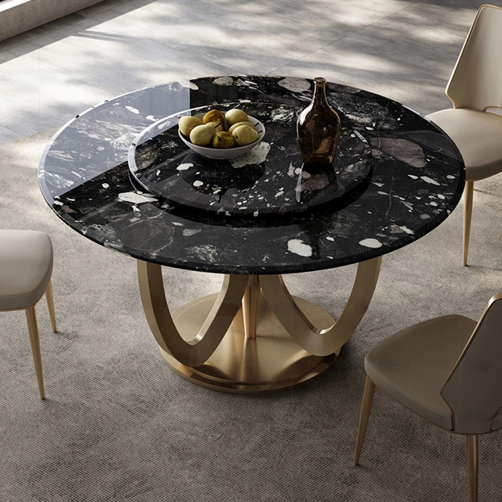 Luxury Gold Stainless Steel Dining Table Glam White Round Marble Dining Table