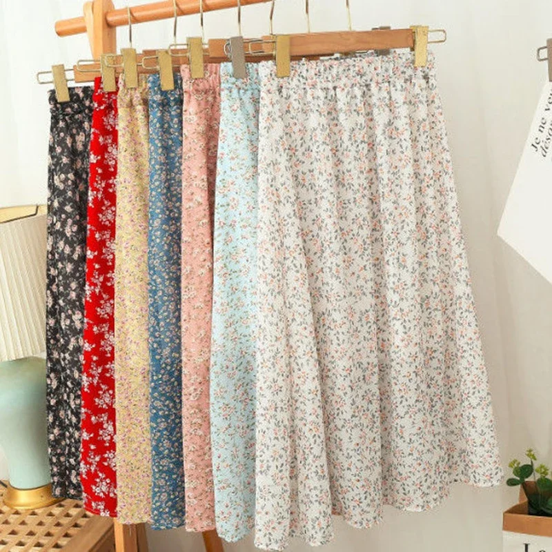 

Women Chiffon Midi Skirt Korean Fashion Floral Loose Skirts High Waist Female Casual All Match A Line Skirts Summer New