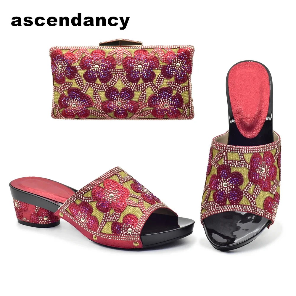 Latest Red Color African Shoes and Bags Matching Set Decorated with Rhinestone Nigerian Shoes and Matching Bags Party Shoes Bag