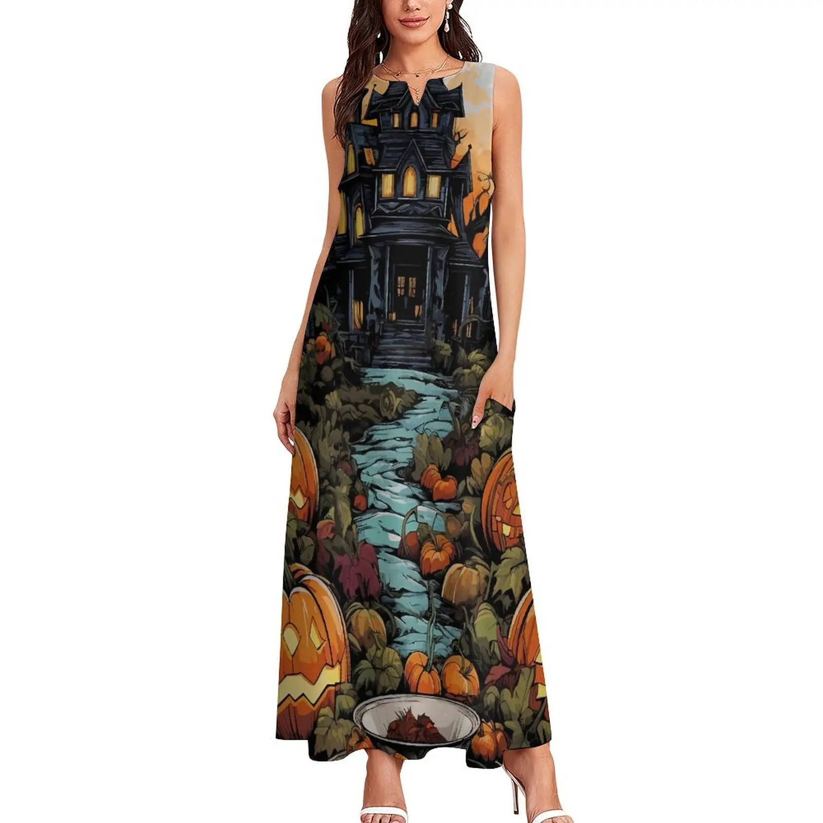 Vegan Haunted Mansion Dress Summer Spooky Halloween Korean Fashion Casual Long Dresses Women Party Maxi Dress Birthday Gift