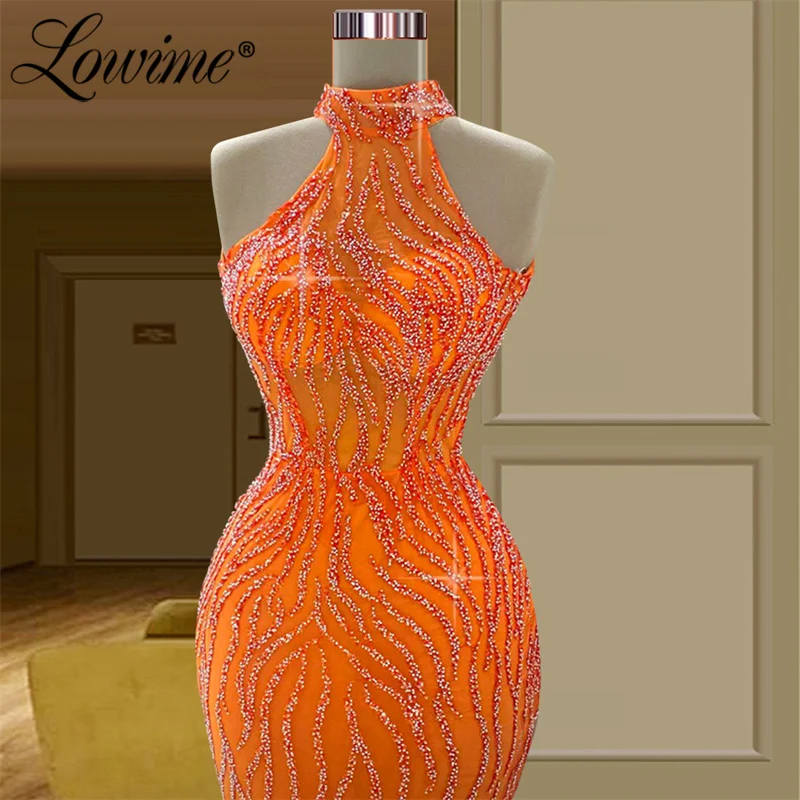 Lowime Arabic Beaded Mermaid Orange Long Party Dresses Women Evening Gown 2022 Customized High Neck Formal Prom Dress Vestidos