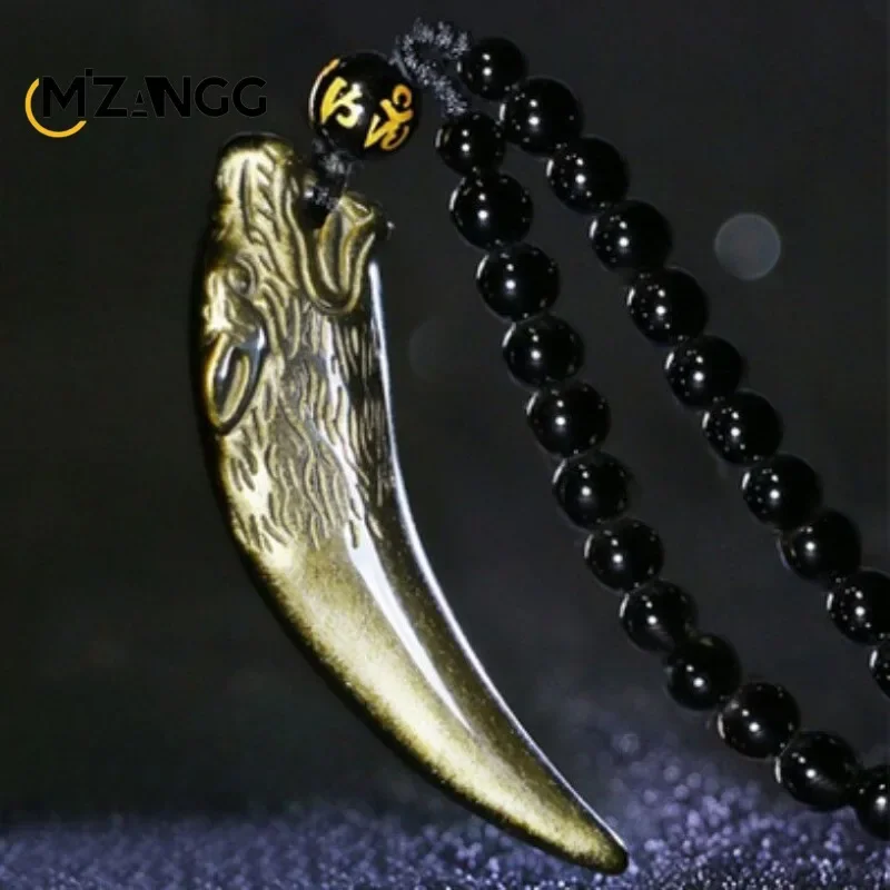 Natural Ice Obsidian Wolf Tooth Pendant Hand-carved Gold Obsidian Imperious Fashion Men's and Women's Necklace Lucky Amulet