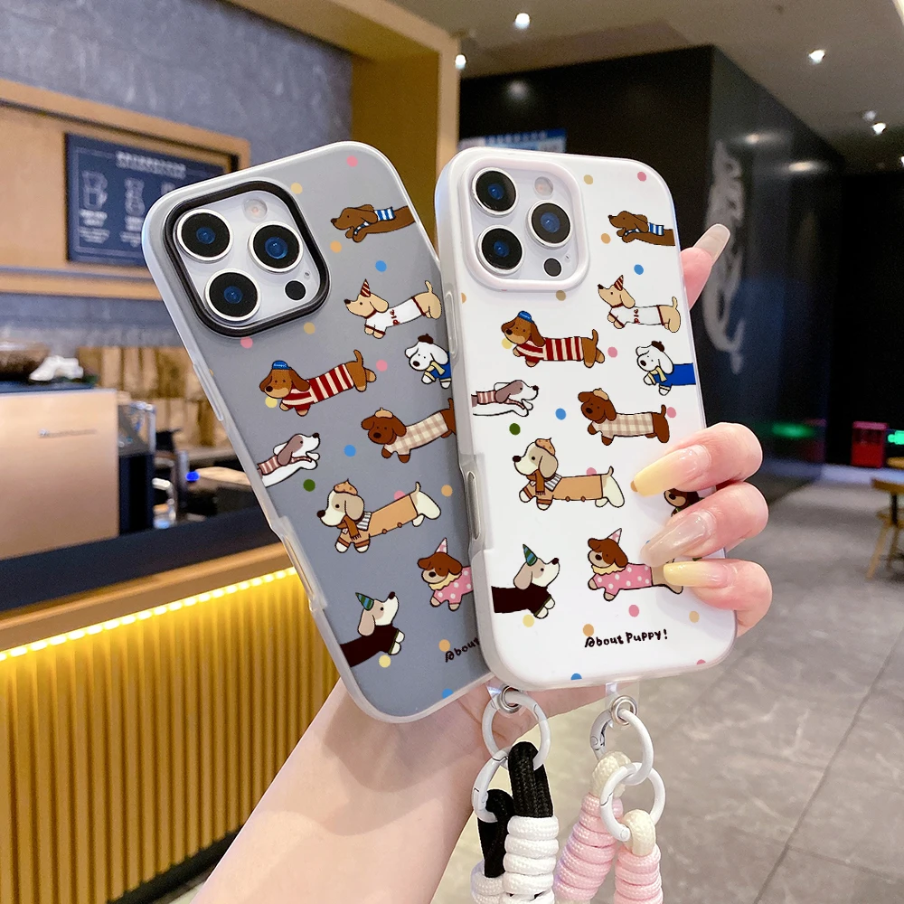 Polka Dot Puppy Handgelenkschlaufe TPU Handyhülle für iPhone 17 11 13 12 14 15 16 Pro Max XS XR X 7 8 Plus 17 Air mit Lanyard-Abdeckung – Detail 6