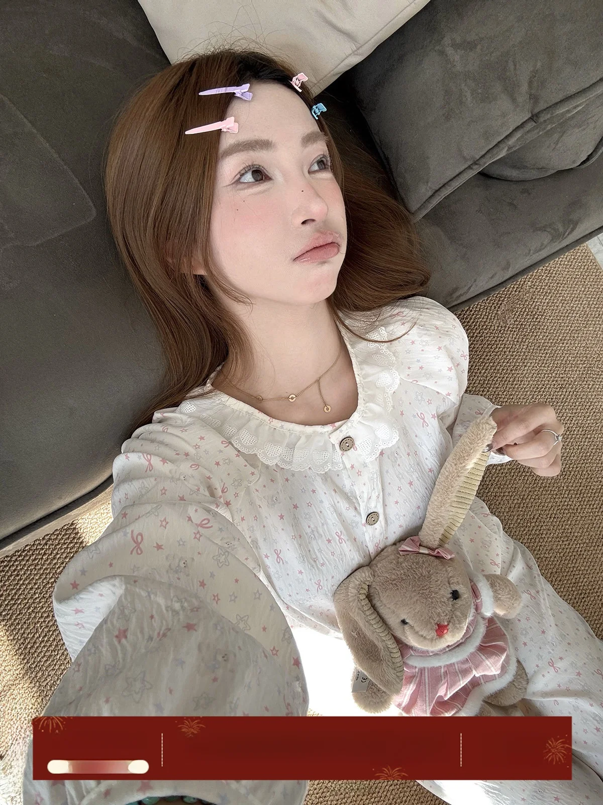 

JoyceBra Sweet Lace Trim round Ne Open Cardigan Spwear Women's Cute Bear Print Long Sve Home Clothes Set