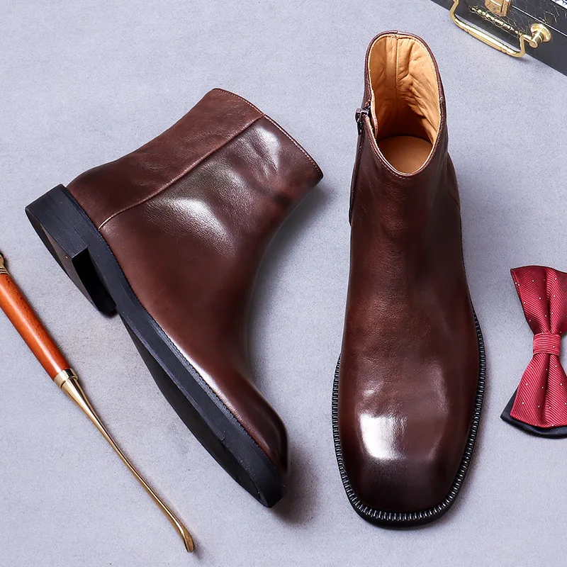 Solid Color Top Layer Cowhide Genuine Leather Men\'s Ankle Boots Vintage Boots Wide Round Toe Zipper British Style High Top Shoes