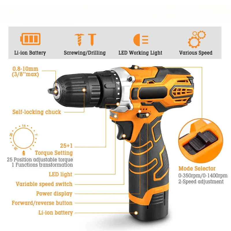 12V 16.8V 21V Electric Drill Brushless Cordless Drill Household Mini Electric Screwdriver Wireless Power Lithium-Ion Battery