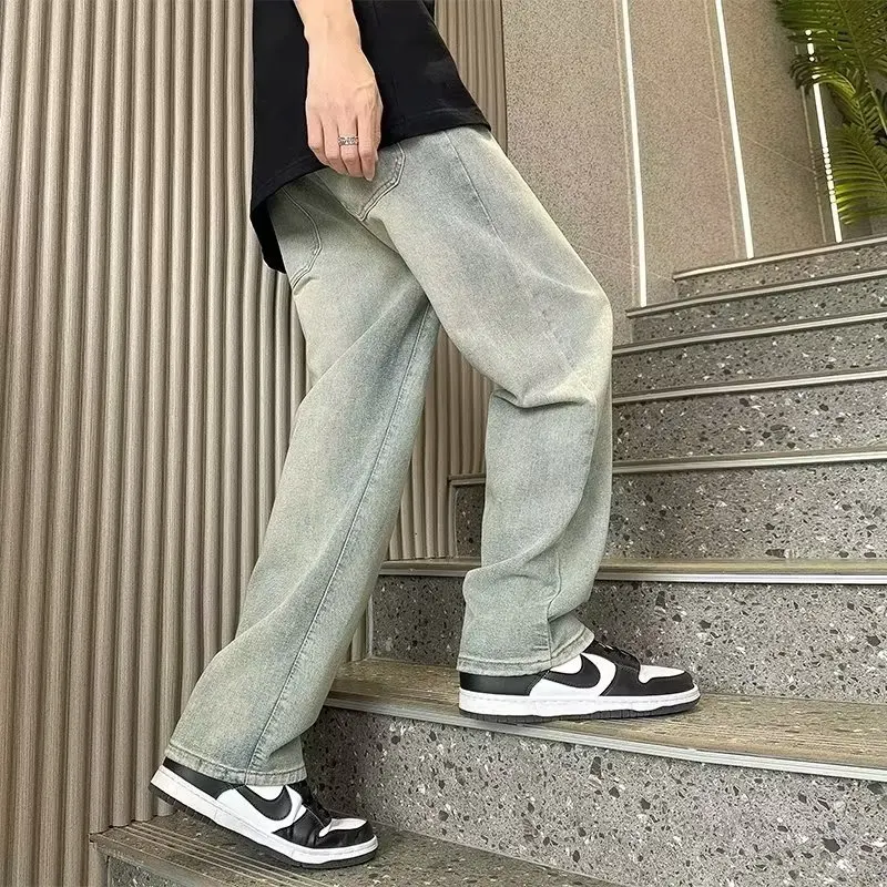 

Свободные джинсы американского дизайна, мужские повседневные брюки больших размеров с прямыми штанинами и эластичной резинкой на талии, весенне-осенние износостойкие