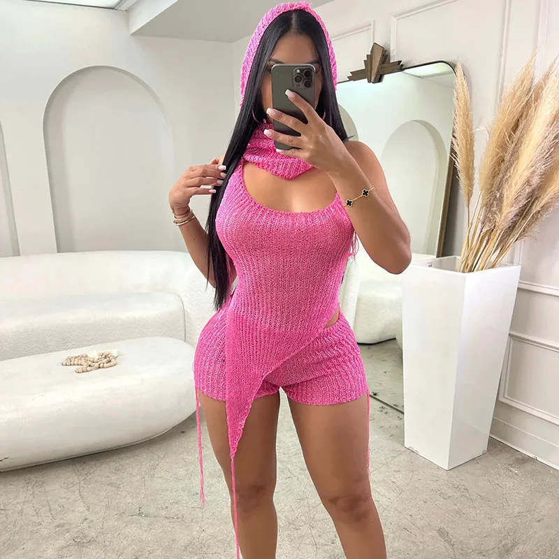 Gold Knitted Glitter Sexy 2 Pieces Set Women Outfit Night Party Birthday Hooded Irregular Top and Shorts Set Women Two Piece Set