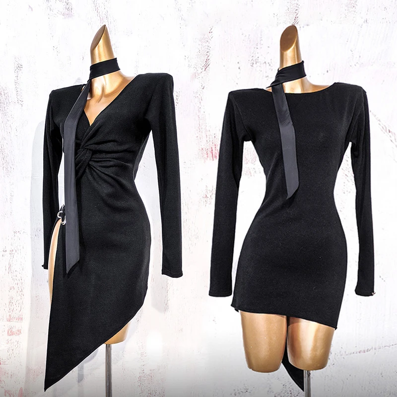 

Сексуальное платье для латинских танцев, женское зимнее черное платье для выступлений, танцевальное платье с длинными рукавами, одежда для танго, румбы, тренировочная одежда 4988