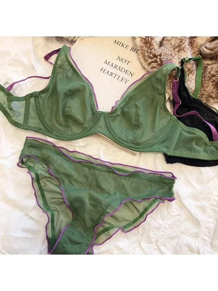 Sexy französisches Mesh-BH-Höschen-Set, ultradünn, Bügel, Push-Up, Minimizer, Dessous, unterstützt Triangel-Cup für große Brust, kleiner Look