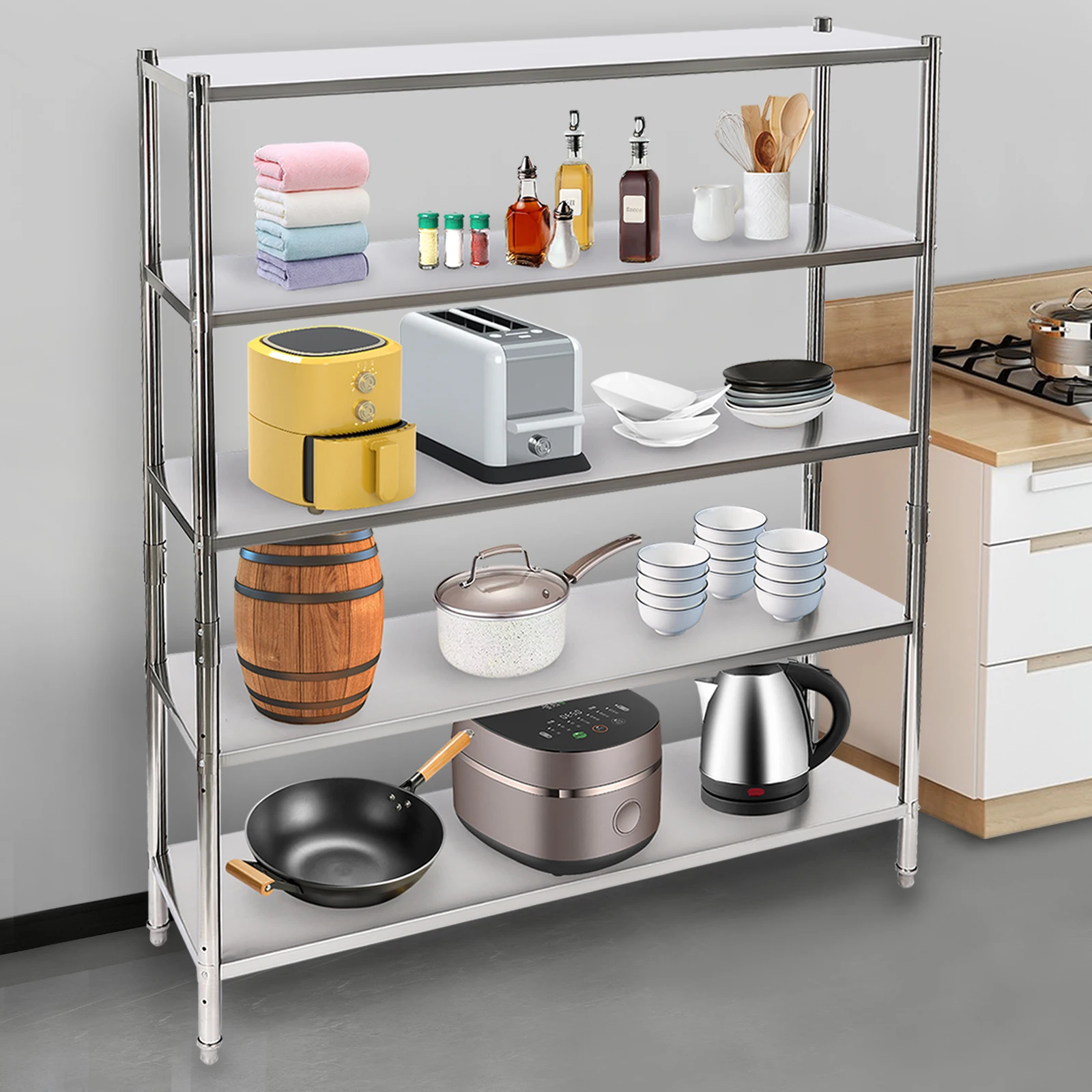

5-Layer Stainless Steel Shelving, Heavy Duty with 132 lbs Capacity, Easy Installation for Storage & Organization