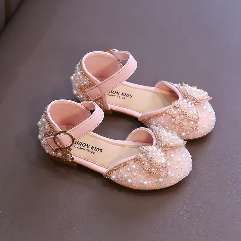 Girls Party Shoes Elegant Rhinestone Fashion Children\'s Leather Shoes Versatile Sweet Kids Princess Wedding Dress Flats Sandals