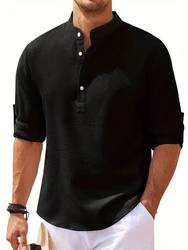 New Spring Autumn casual shirt loose Men's Solid Color Long Sleeve Shirt waffle Button Shirts Vintage Big size