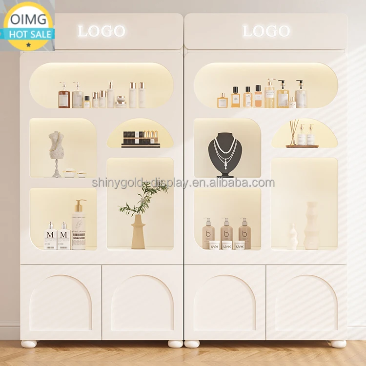 Skin Care Display Stand Rack Cabinet Beauty Salon Nail Display Cabinet Multi-layer Customized Wooden White Cosmetics Shelves