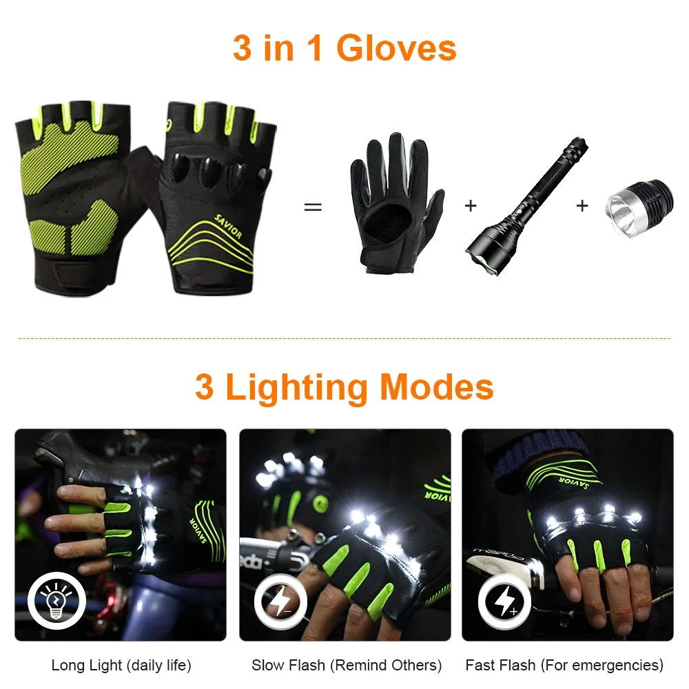 Savior Outdoor Sports Cycling Gloves Half Finger LED Gloves Nightview Rechargeable Flashlight Luminous Breathable Summer Spring