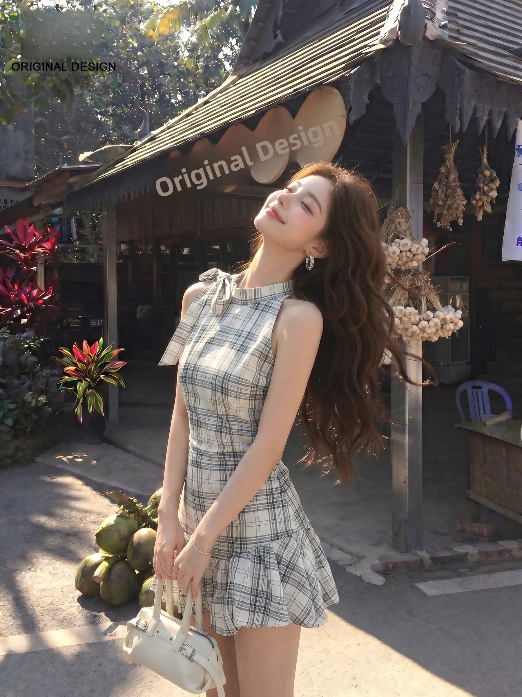 

Summer Plaid Halter Vest Dress Set Women's Waist-Cinching Design Short Skirt Two-Piece Set Casual Style No-Sleeve round Neck