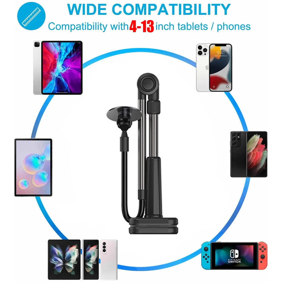 Lazy Holder Stand with Magnetic Head - Adjustable Phone/Tablet Stand for 4.7-13 Inch Screens (Telescopic Aluminum Rod)