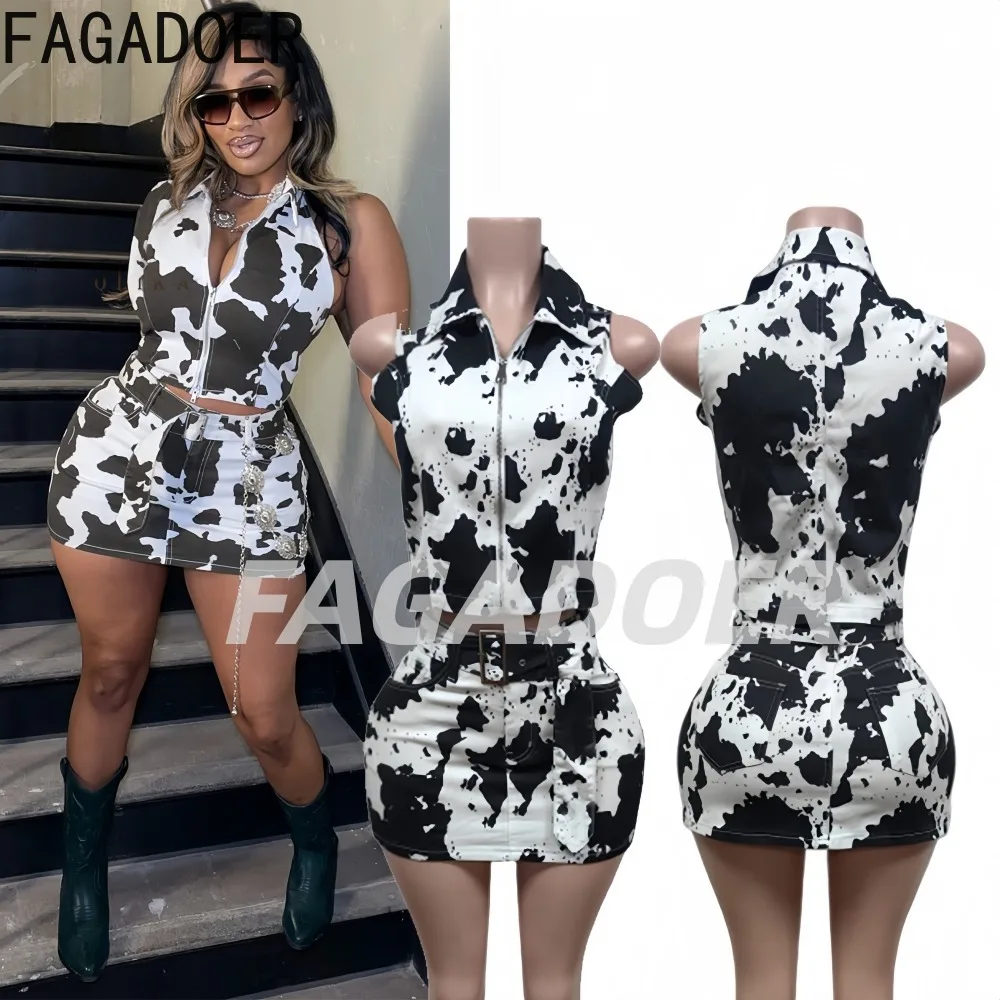 FAGADOER Fashion Cow Print Streetwear Two Piece Outfits Woman Zipper Sleeveless Crop Top + Skirt Female Tie-dye Patchwork Sets