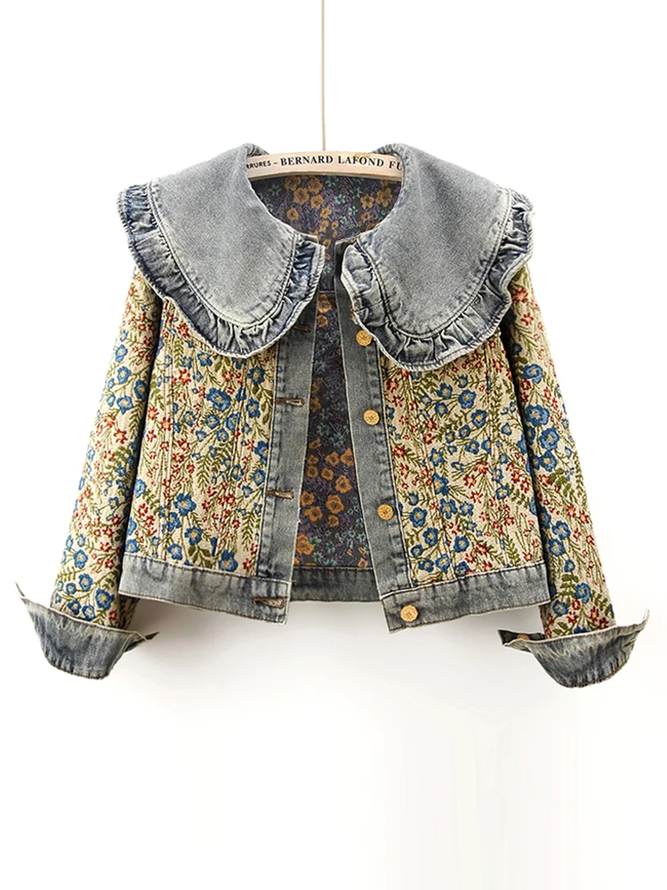 

Шикарный джинсовый тюнер с длинным кукольным воротником све, женский универсальный тюнер, модная верхняя одежда из смеси хлопка с пуговицами