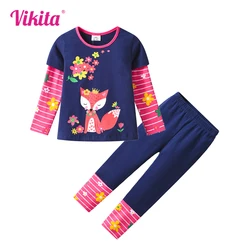 VIKITA Kids Clothing Sets Girls Long Sleeve Cotton Casual Flower Flower Squirrel Cartoon Print and Pants 2 Pcs Suit Clothes Sets