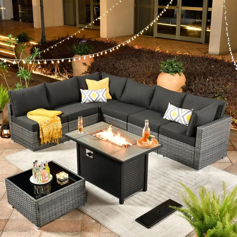 

Outdoor 8 Piece Patio Furniture Set with Fire Pit Table,Conversation Sectional Wicker Couch with Coffee Table, Outside Sofa