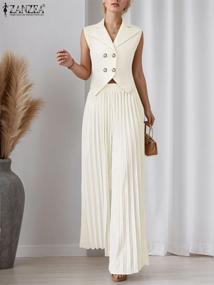

ZANZEA Fashion Summer Pant Sets Office Women 2 Piece Sets Elegant Sleeveless Vests Tops Pleated Wide Leg Trousers 2PCS Outfits