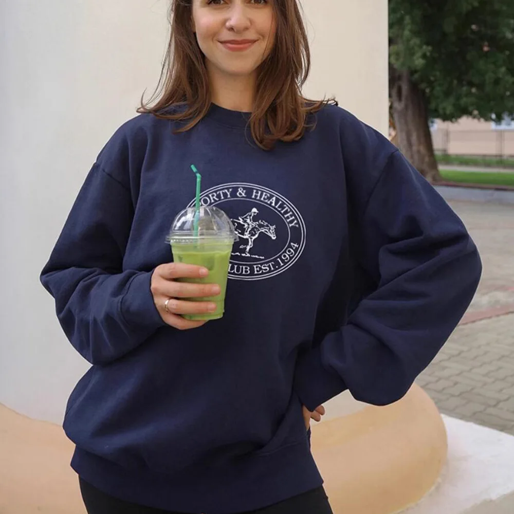 American Vintage Style Equestrian Club Printing Navy Loose Sweatshirts Women Autumn Crewneck Cotton Pullover 80's 90's Jumpers