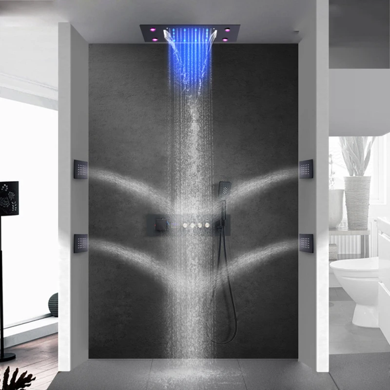 LED Light Shower Set Temperature Sensing Color Changing Handheld Shower Combo with Massage Body Jets Thermostatic Shower System