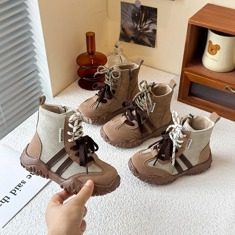 

New Children's Leather Boots Winter Causal Girls Platform Cotton Boots Non-slip Patchwork Kids Fashion Short Boots Ankle Lace-up