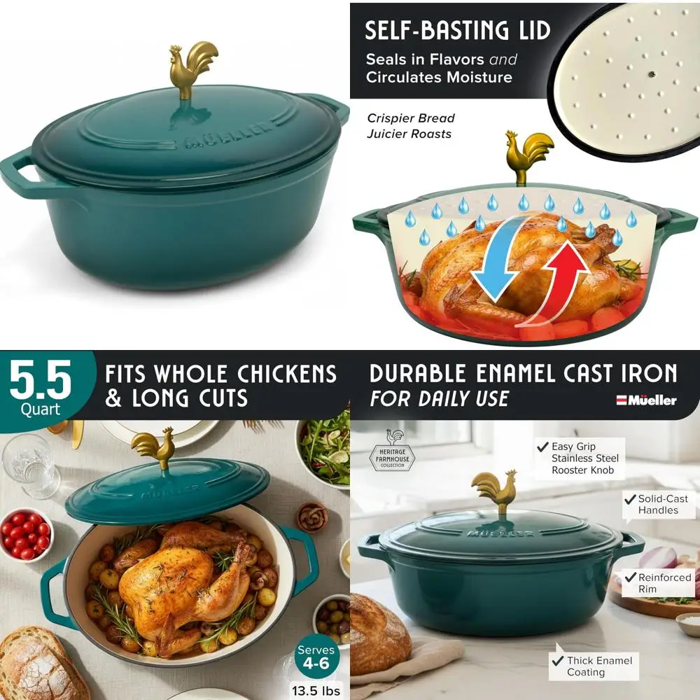 

Enameled Cast Iron Oval Dutch Oven 5.5 Quart, Heavy Duty Cookware, Rooster Knob, Oven Safe up to 500°F, Suitable for All Cooking