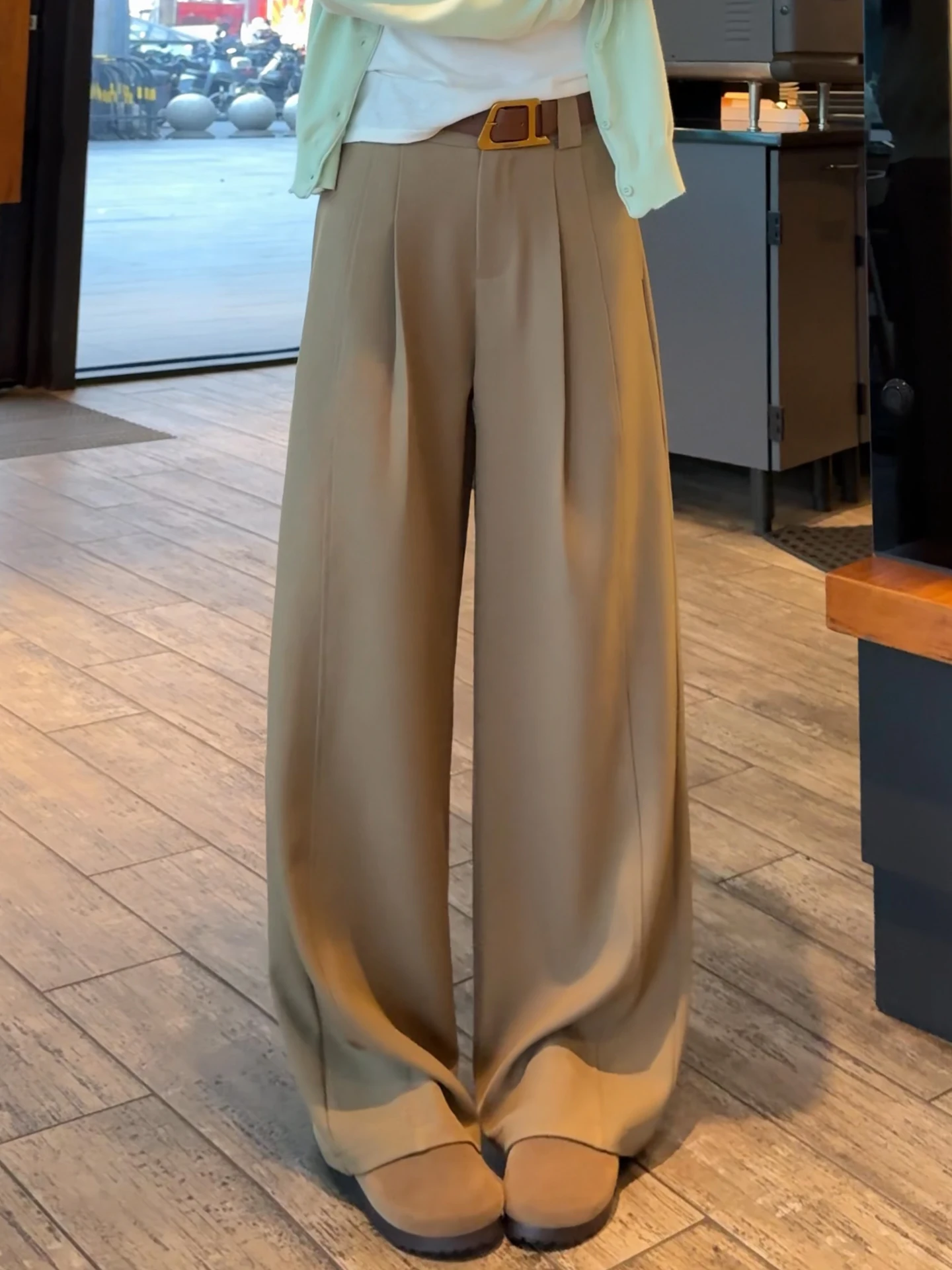 

Khaki Wide Leg Suit Pants Women's Casual High Waist Loose Slimming Drapey Straight Leg Floor-Length Trousers Spring Autumn