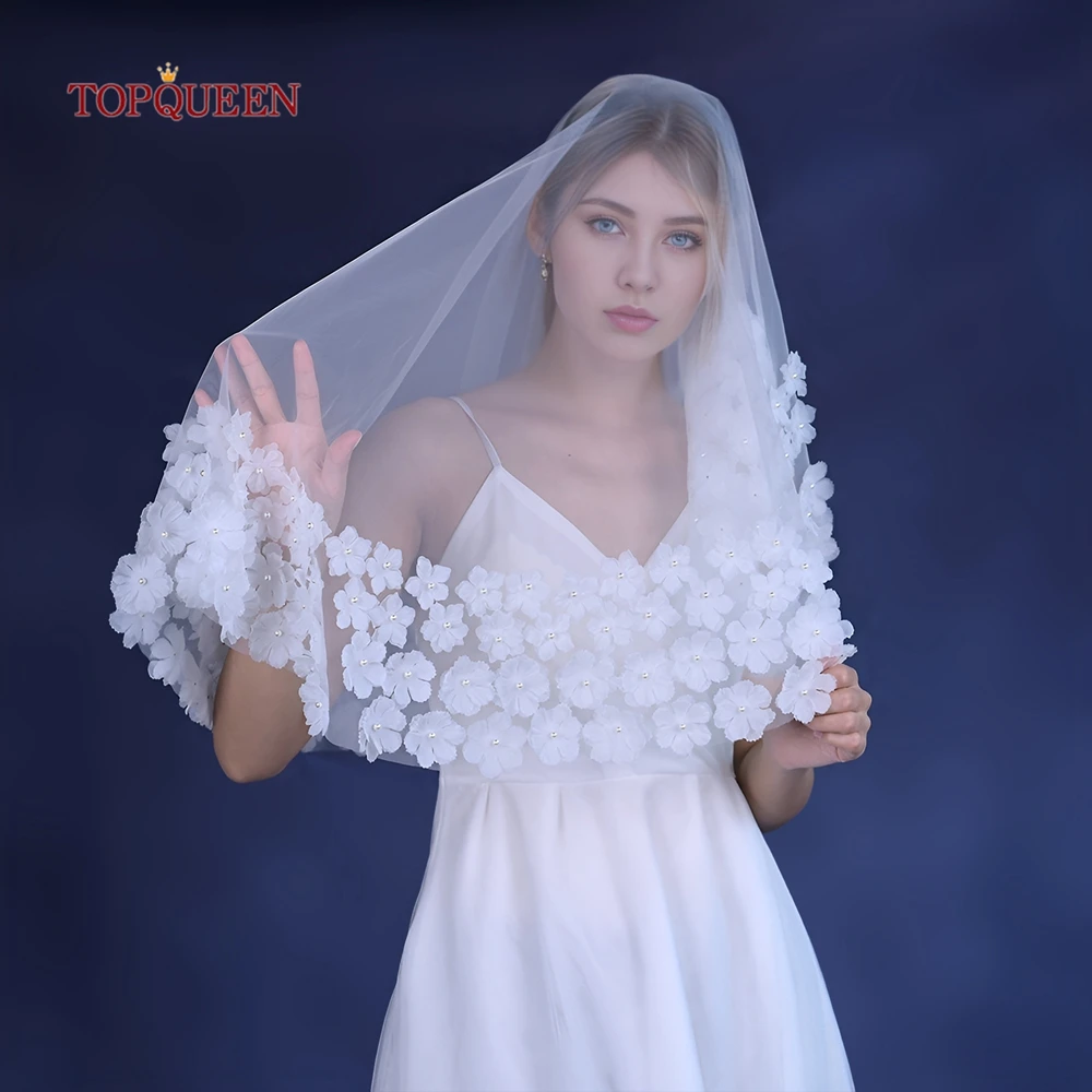 TOPQUEEN Blusher Short Shawl Wedding Accessory Double Layer No Comb Bridal Veil With 3d Flora Wedding Items V234