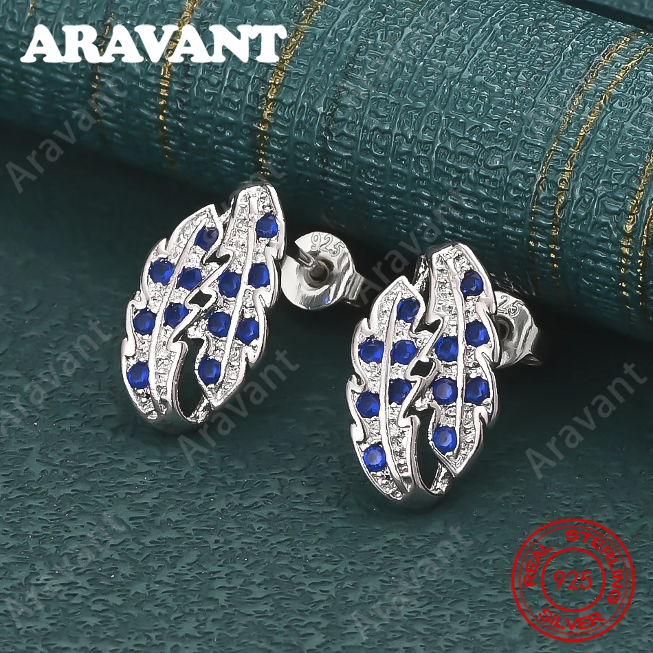 925 Sterling Silver Blue Zircon Leaf Carved Earrings - Unique Gift For Women, Versatile Jewelry For Events