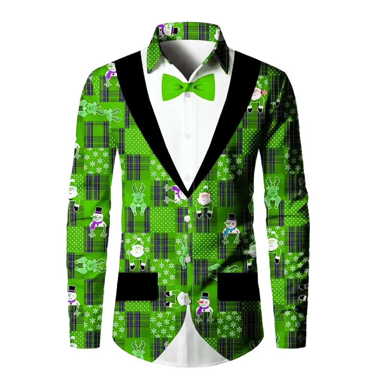 Christmas shirt, fake suit, men's shirt, comfortable and breathable lapel long sleeved shirt, Christmas party wearing top