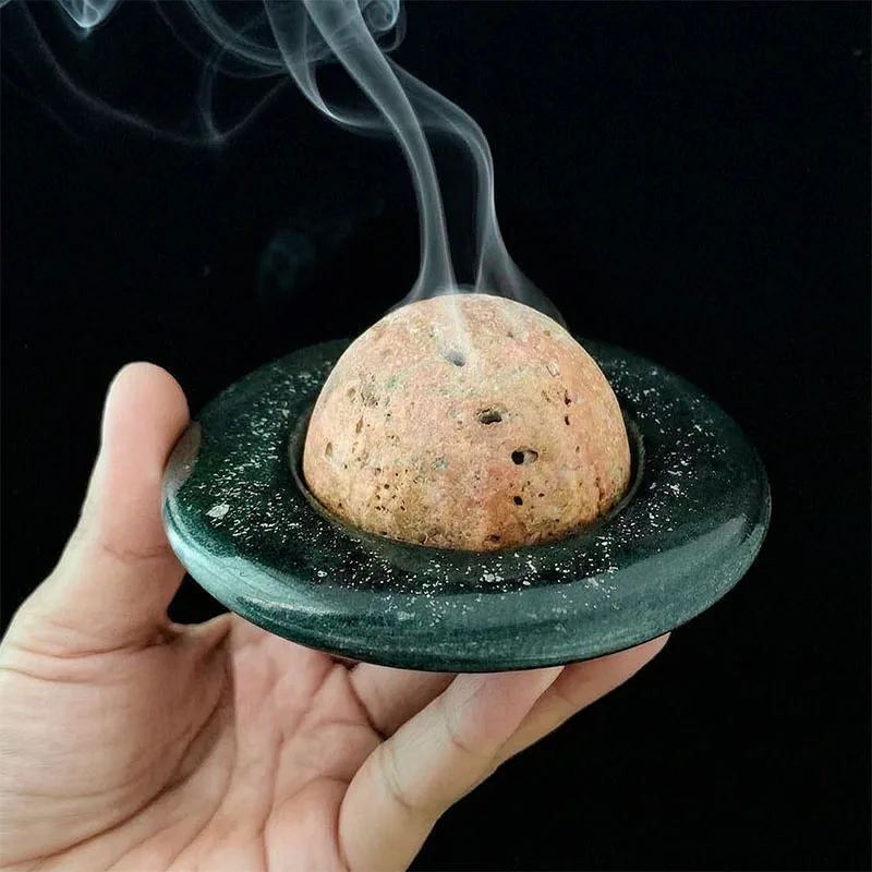 Incense Burner Aroma Diffuser Natural Volcanic Rock Black Stone Minimalist Home Decor Nebula Smoke Gift Living Room Office 11cm