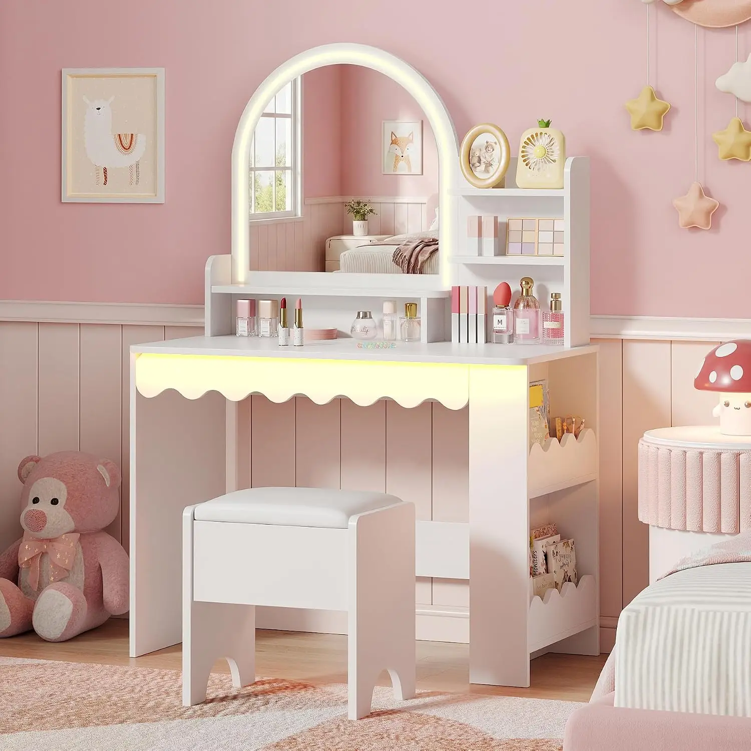 Kids Vanity Desk with Mirror and Light, Princess Makeup Vanity with Side Bookshelf and Chair Set, 3-Tier Open, Customized