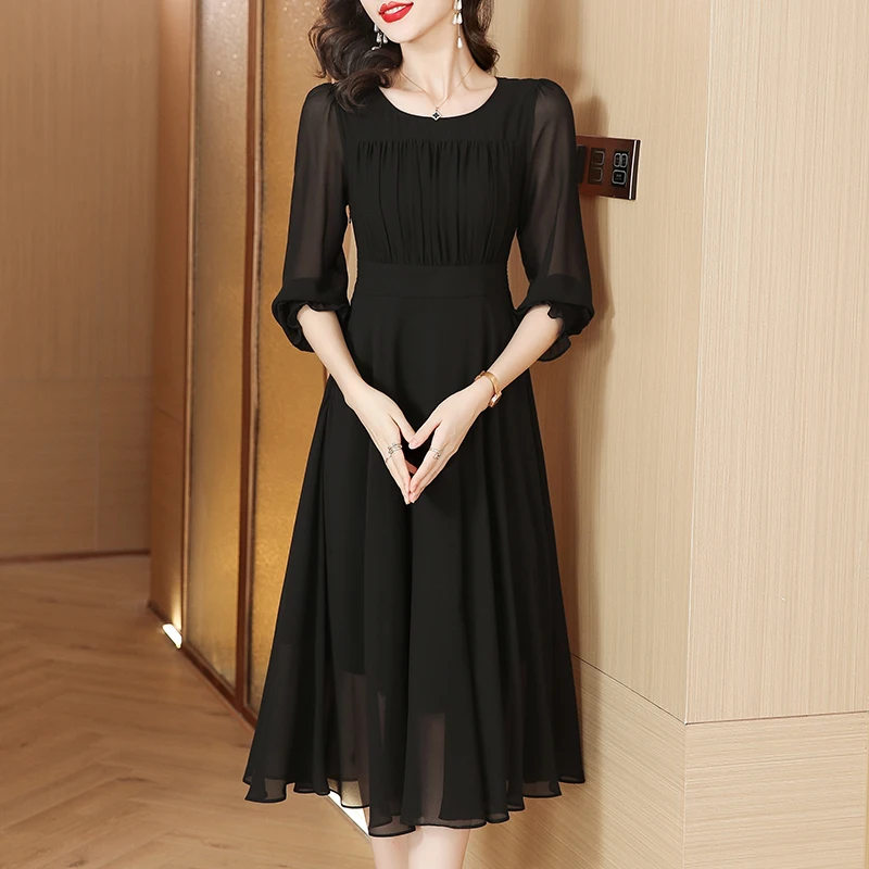 2023 Autumn New Silk Solid Chiffon Long sleeved Dress for Women Loose Fit Large Waist Black Slim Knee Length A-line Dress Robe