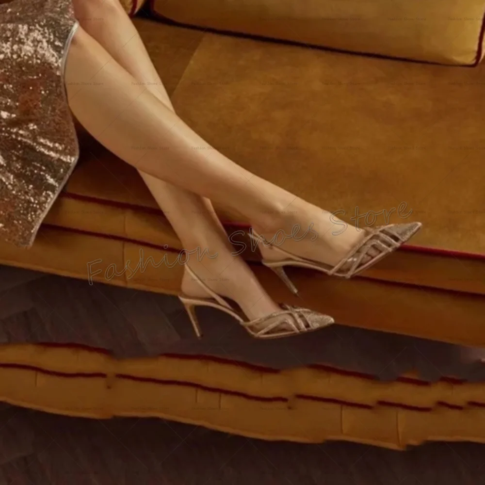 Gold Crystal Cross Strap Sandals Pointed Toe Stilettos High Heels High Heel Shoes for Women Heels 2025 New Zapatos Para Mujere