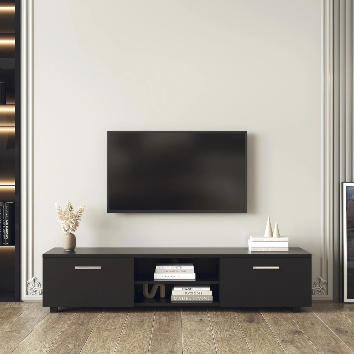 

Black TV Stand for 70 Inch TV Stands, Media Console Entertainment Center Television Table, 2 Storage Cabinet with Open Shelves f