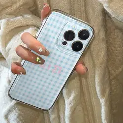 Blue Grid Shockproof Bumper Phone Case For iPhone 16 15 14 11 12 13 Pro Max 14 15 Plus Transparent Protection Back Cover